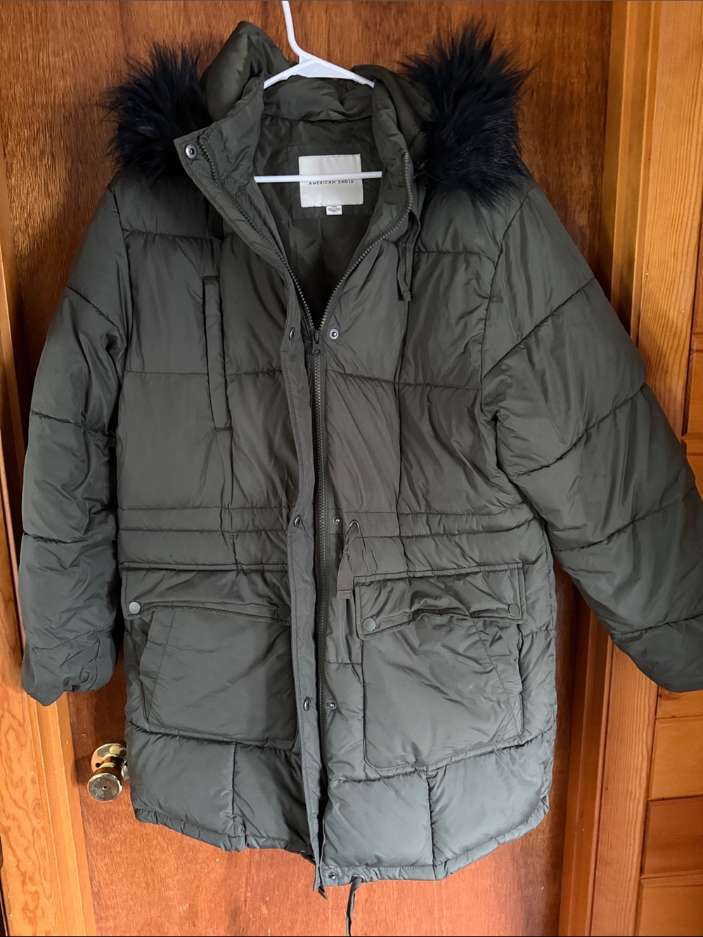American Eagle Outfitters Olive Green Puffer Coat with Black Faux Fur Trim